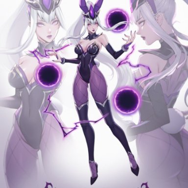 ass, back view, bunny ears, bunny tail, bunnysuit, citemer, female, front view, league of legends, purple eyes, syndra, white hair