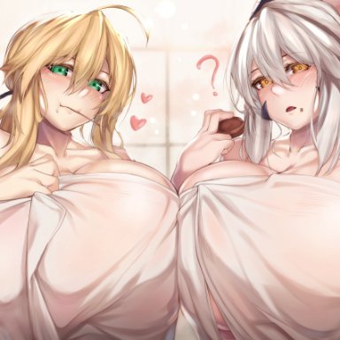 :t, ?, 2girls, ahoge, artoria pendragon (all), artoria pendragon (lancer alter), artoria pendragon (lancer), bathroom, blonde hair, breast press, breasts, chocolate, chocolate on face, fate (series), fate/grand order