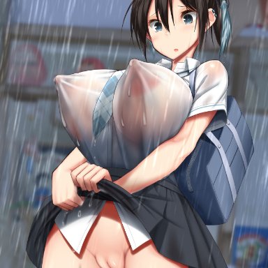 ahoge, areolae, ass, backpack, bag, black hair, blue eyes, bottomless, breasts, earrings, erect nipples, female, from below, hair ornament, hair ribbon