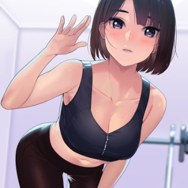 1girls, absurdres, bangs, bare shoulders, black pants, black sports bra, blush, bob cut, breasts, brown hair, cleavage, clothed, clothed female, collarbone, female