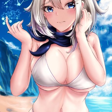 1girls, aged up, beach, big breasts, bikini, blue eyes, blush, colycycle, female, genshin impact, large breasts, long hair, medium hair, paimon (genshin impact), silver hair