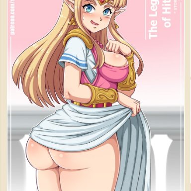 1girls, a link between worlds, ass, background, big ass, blonde hair, blue eyes, blush, dress, dress lift, embarrassed, female, female only, high resolution, long hair