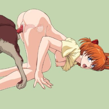 4:3 aspect ratio, ass, ass-to-ass, asuka langley, asuka langley sohryu, bestiality, bottomless, breasts, canine, extreme content, female, hair ornament, interspecies, jadf, kneeling