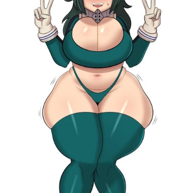 1girls, big breasts, blush, closed eyes, clothing, coldarsenal, cosplay, embarrassed, female, gloves, green hair, hero outfit(mha), high heel boots, huge ass, huge breasts