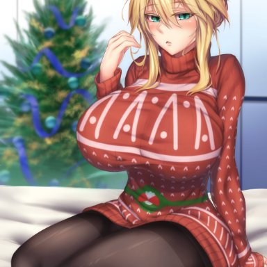 ahoge, aqua eyes, artoria pendragon (all), artoria pendragon (lancer), bangs, black legwear, blonde hair, blurry, blurry background, blush, braid, breasts, christmas, christmas sweater, christmas tree