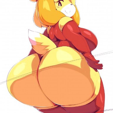 animal crossing, anthro, ass, bell, blonde hair, breasts, canine, canine humanoid, dog tail, female, furry, isabelle (animal crossing), large ass, large butt, leotard