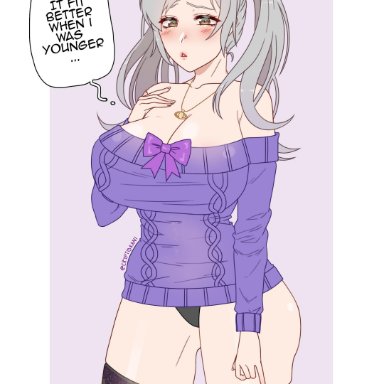 1girls, bare shoulders, big breasts, black panties, blush, bow, brown eyes, cleavage, clothed, cryptid crab, english text, fire emblem, fire emblem: awakening, grey hair, huge breasts