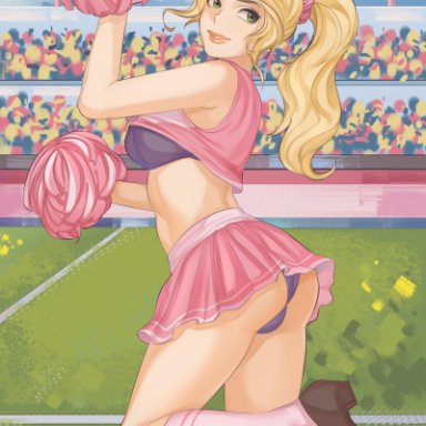 1futa, blonde hair, cheerleader, cheerleader uniform, dickgirl, exposed bra, futanari, green eyes, pink outfit, pom poms, ponytail, short skirt, skirt, solo futa, transsexual