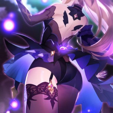 arm garter, ass, backlighting, bare shoulders, black gloves, black nails, blonde hair, blurry, blurry background, bodystocking, depth of field, detached collar, detached sleeves, elbow gloves, electricity