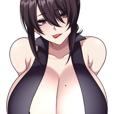 big breasts, black hair, blush, bra, breast, camui kamui, dark hair, huge breasts, large breasts, looking at viewer, mole, mole on breast, murder license, seductive, seductive eyes