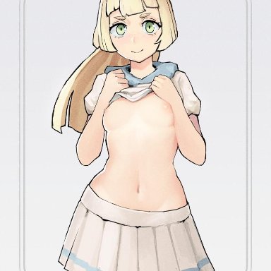 1girls, blonde hair, breasts, clothed, clothed female, female, female only, lillie (pokemon), nintendo, pokemon, pokemon sm, ponytail, shirt lift, simple background, small breasts