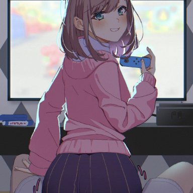 blue eyes, brown hair, buttjob, clothed, erection under clothes, female, grinding, looking at viewer, looking back, male, male on female, male/female, nijisanji, nintendo, nintendo switch