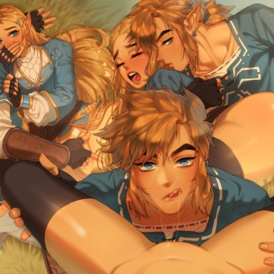 bottomless, breath of the wild, clothed, clothed female, clothing, cunnilingus, female, female pov, fingering, fingering partner, hetero, licking lips, link, male, nintendo