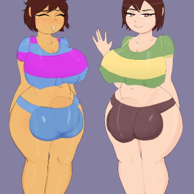 2futas, areolae, balls, big balls, big breasts, breasts, brown hair, bulge, chara, closed eyes, curvy figure, eye contact, flaccid, frisk, futanari