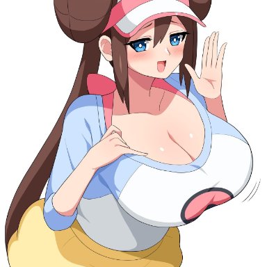 1girls, big breasts, blue eyes, blush, brown hair, double bun, eye contact, female, haikome, hat, huge breasts, large breasts, long hair, looking at viewer, nintendo