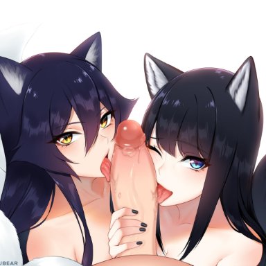 1boy, 2girls, ahri, animal ears, black hair, blue eyes, league of legends, looking at viewer, oral, original character, penis, reiko (tofuubear), riot games, tofuubear, yellow eyes