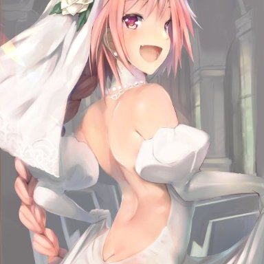 1boy, 2018, arched back, ass, astolfo (fate), back, bare back, bare shoulders, braid, bride, butt crack, clothed, clothing, crossdressing, dress lift