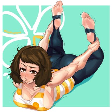 big ass, brown hair, cashumeru, feet, foot fetish, huge breasts, muscular, persona, persona 5, sadayo kawakami, stirrup legwear, stirrup socks, stirrups, stretching, yoga pants