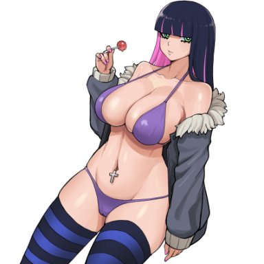 1girl, 1girls, big breasts, bikini, breasts, female, female only, female solo, goth, green eyes, large breasts, lollipop, looking at viewer, multicolored hair, panty & stocking with garterbelt