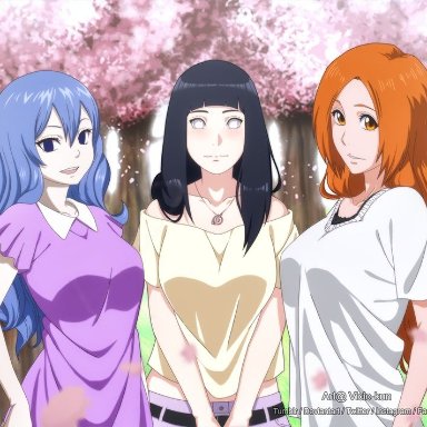 bleach, cherry blossoms, fairy tail, fully clothed, hyuuga hinata, inoue orihime, juvia lockser, looking at viewer, naruto, naruto: the last, vicio-kun