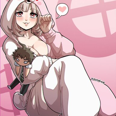 baggy clothing, cleavage, danganronpa, danganronpa 2, danganronpa 2: goodbye despair, heart, heart-shaped pupils, hinata hajime, kinkymation, mole on breast, monomi (danganronpa), nanami chiaki, onesie, pajamas, partially clothed