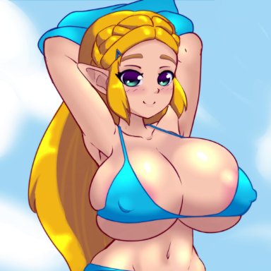 absurdres, areola slip, areolae, arms up, bikini, blue eyes, blush, breasts, cleavage, elf, female, hair ornament, hairclip, hand on head, happy