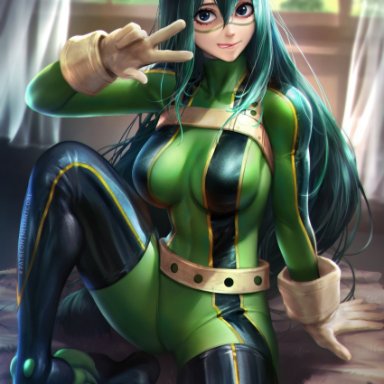 1girl, 1girls, absurd res, absurdres, bed, belt, big breasts, bodysuit, boku no hero academia, breasts, female, female only, female solo, froppy, gloves