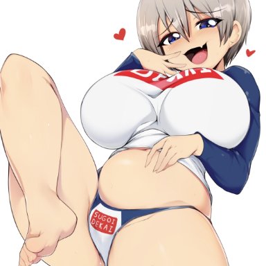 barefoot, big breasts, feet, grey hair, huge breasts, large breasts, panties, purple eyes, slugbox, tagme, thick thighs, thighhighs, uzaki hana, uzaki-chan wa asobitai!