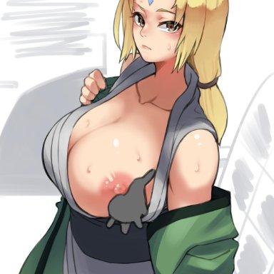 1girls, ambiguous gender, areolae, bangs, bare shoulders, big breasts, blonde, blonde hair, blush, brown eyes, cleavage, collarbone, disembodied hand, facial mark, female