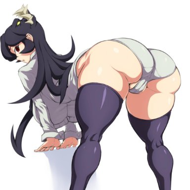 ass, bent over, black hair, black legwear, breasts, cameltoe, curvaceous, extra mouth, female, filia (skullgirls), from behind, high resolution, jadf, large breasts, long hair