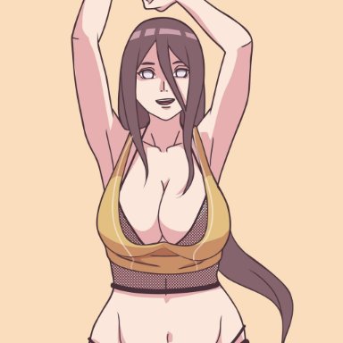 1girls, arms up, big penis, boruto: naruto next generations, breasts, brown hair, cameltoe, cleavage, female, female only, fishnet, fishnet top, gym clothes, hair between eyes, hyuuga hanabi