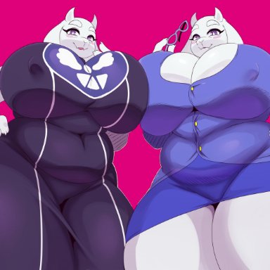 2girls, anthro, ass, big ass, big breasts, blush, boss monster, bovid, breasts, caprine, claws, clothing, cute, cute fang, deltarune