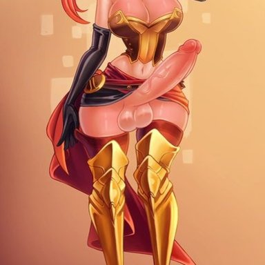 1futa, big breasts, big penis, bottomless skirt, erection, futanari, huge cock, looking at viewer, nenerhea, pyrrha nikos, red hair, rwby, solo futa, thick thighs, wide hips