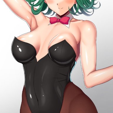 1girl, 1girls, armpits, blush, bunny ears, bunnysuit, curly hair, cute, eyelashes, female, fringe, green eyes, green hair, looking at viewer, medium breasts