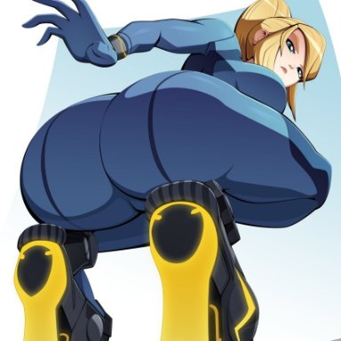 angry, ass focus, bimbo, blue bodysuit, bodysuit, dat ass, female, female protagonist, from below, looking at viewer, metroid, platform heels, ravenravenraven, samus aran, simple background