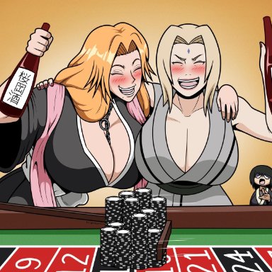 1boy, 3girls, alcohol, bangs, big breasts, black hair, bleach, blush, bottle, busty, chains, cleavage, closed eyes, clothing, crossover