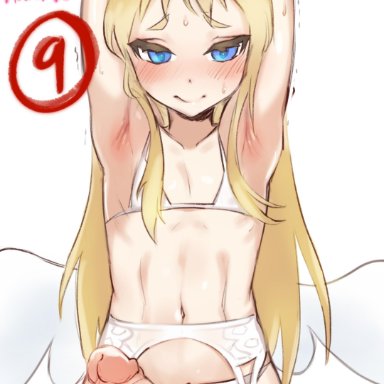 1futa, angel, balls, balls in panties, big penis, blonde hair, blue eyes, crimvael, embarrassed, erection, flat chest, front view, full-package futanari, futa only, futanari