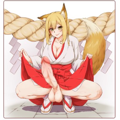 1futa, animal ears, balls, blonde hair, breasts, cleavage, clothed, clothing, erection, fox ears, fox girl, fox tail, front view, futa only, futanari