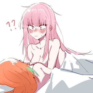 ?, 2girls, bed, blue hair, blush, confused, gradient hair, haskyyyyy1, hololive, hololive english, lesbian, mori calliope, morning after, naked, orange hair