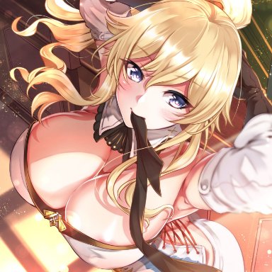 areolae, ass, blonde hair, blue eyes, blush, butt crack, cleavage, dress, female, female knight, genshin impact, indoor, jean gunnhildr, large breasts, long hair