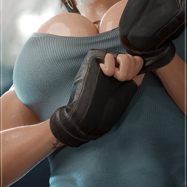 3d, abs, bifrost3d, breast squish, cleavage, fingerless gloves, gloves, huge breasts, huge tits, lara croft, muscular, muscular female, sweat, sweating, tomb raider