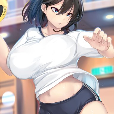 1girl, 1girls, absurd res, absurdres, bare belly, bare legs, bare midriff, bare thighs, belly, bellybutton, big breasts, black hair, blue buruma, blue eyes, boobs