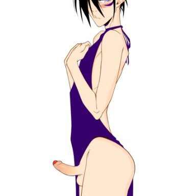 black hair, blush, color edit, colored, crossdressing, dress, femboy, foreskin, girly, khexxi, looking at viewer, male, male only, one-punch man, penis