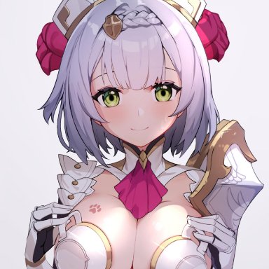 breasts, covering breasts, cute, ett, female, genshin impact, green eyes, lactation, large breasts, looking at viewer, maid, milk, noelle (genshin impact), pawprint, silver hair