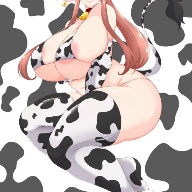 1girls, areolae, big breasts, blush, brown hair, cow bikini, cow ears, cow horns, cow print, curvy figure, doki doki literature club, eye contact, green eyes, happysullyk9, huge breasts