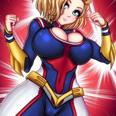 1girls, adult, alien, alien girl, all might (cosplay), apple butt, ass, big breasts, blonde hair, blue eyes, breasts, bust, busty, cleavage, cleavage cutout