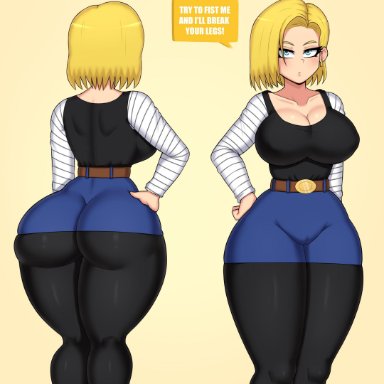 1girls, android 18, ass, big ass, big breasts, blonde hair, breasts, dragon ball, dragon ball z, drunkavocado, large breasts, looking at viewer, solo, speech bubble, text