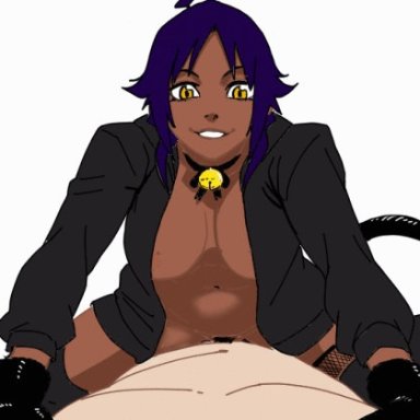 animated, areolae, big breasts, bleach, breasts, choker, cowgirl position, dark skin, dark-skinned female, female, fishnet, fishnet legwear, gloves, jacket, jingle bell