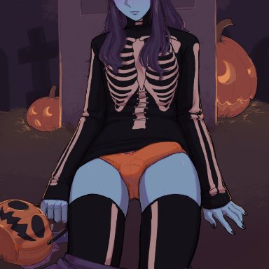 1boy, balls under clothes, black hair, blue skin, candy bag, cemetery, clothed, femboy, girly, hair ornament, halloween, highres, humanoid, ittla, kyou (ittla)