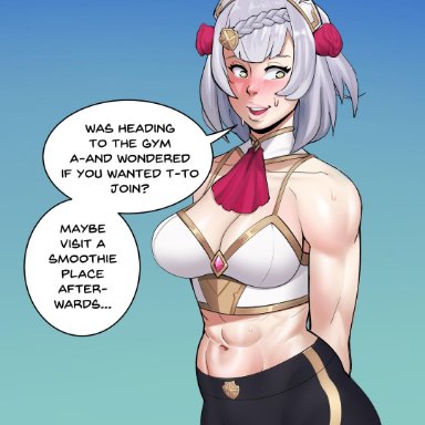 1girls, abs, blazinahegao, blush, breastplate, breasts, cleavage, english text, female, genshin impact, invitation, leggings, midriff, muscle, muscular